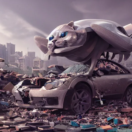 Image similar to digital render. aesthetics. handsomely. handsome half - man half - cat in work clothes. car dump with the remains of broken robots. anthropomorphic cats in the middle of a car dump. artstation trend, 4 k. wow. octane render. vray