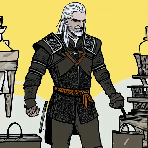 Prompt: Geralt or rivia shopping in ikea detailed illustration