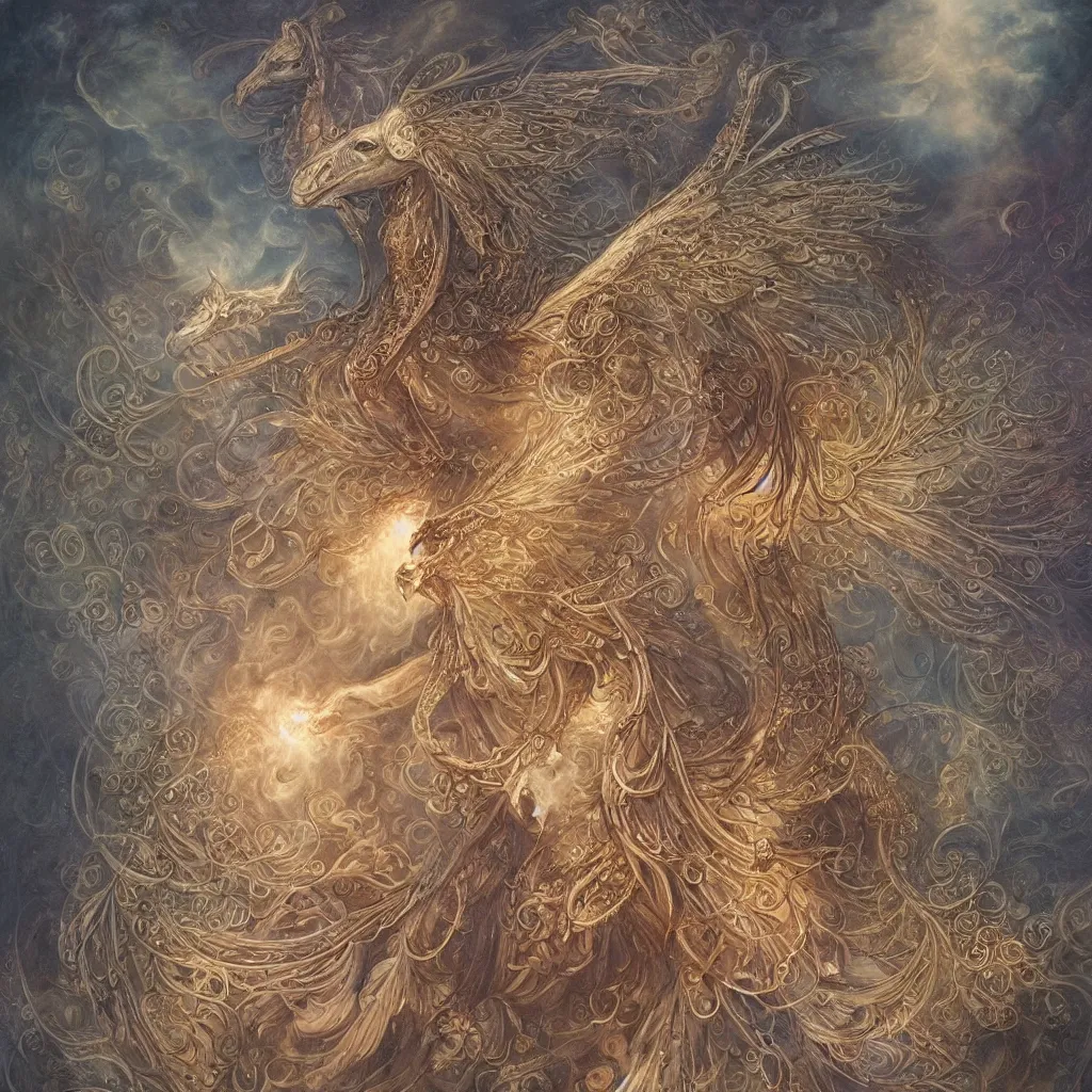 Image similar to a beautiful magestic pegasus made of magical elven intricate biomechanical terndrils and leaves and feathers and gemstones flying through a mystical sky of incence smoke and glowing embers and clouds, by George Stubbs, by donato giancola, by amanda sage, by beeple, particle effects, intricate detail, trending on cgsociety, trending on artstation, 8k 3d, high definition