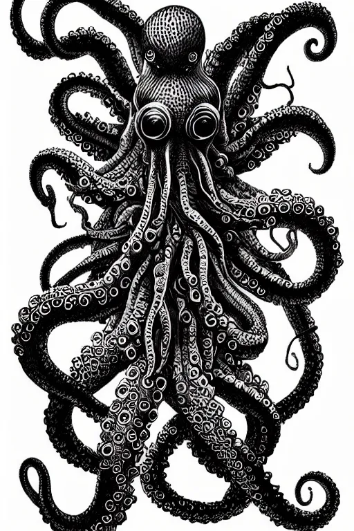 Image similar to black ink on paper, alien octopus, trending on artstation, beautiful, intricate, detailed