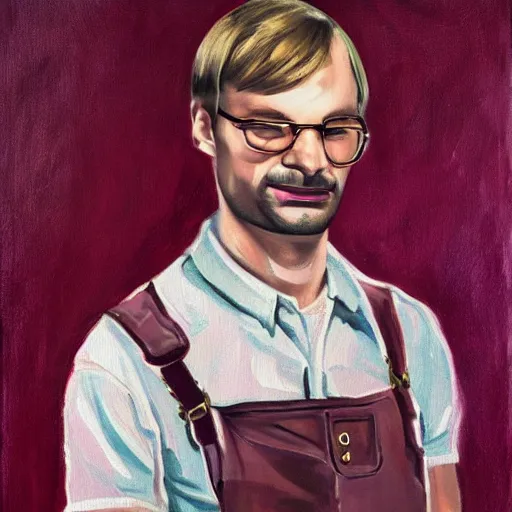 Image similar to jeffrey dahmer in pink overalls and brown boots, oil painting, gucci poster