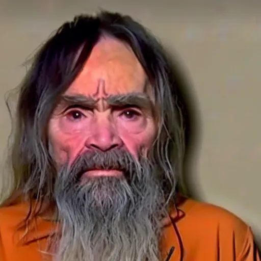 Image similar to charles manson on the ellen show, tv screen cap, detailed eyes, face and upper body focus, soft lighting