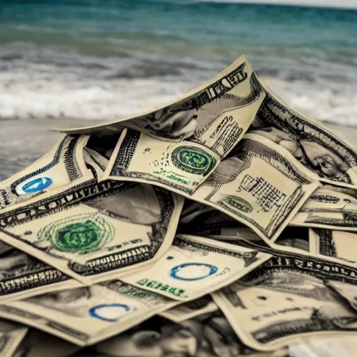 Image similar to a picture of a wet pile of money, in the ocean, there is rain