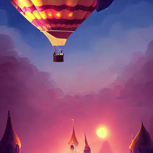 Image similar to a beautiful stunning fantasy whimsical matte digital illustration of a hot - air balloon race at night by marc simonetti and anato finnstark, disney steampunk, chiaroscuro magical bokeh moon stars, trending on artstation hq, masterpiece