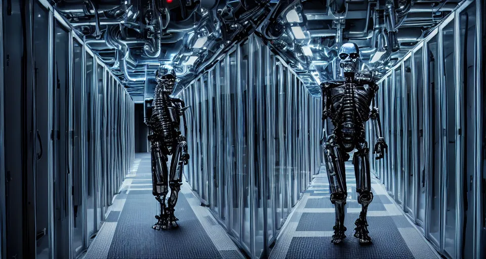 Image similar to terminator without flesh, staying in front of data center room. extreme long shot, high detail, cinematic colors