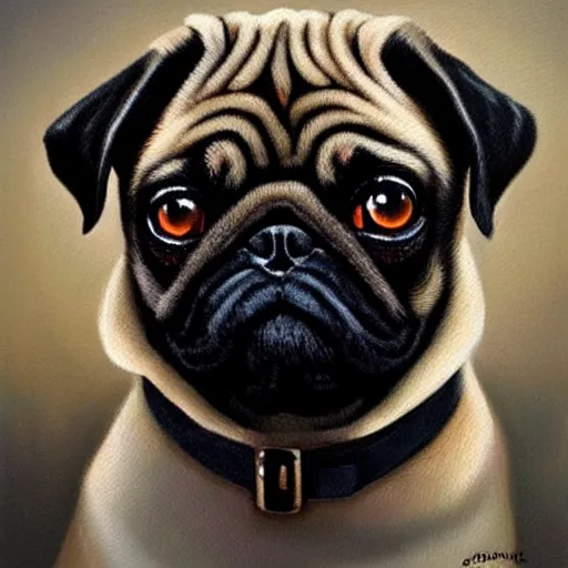 Prompt: oil painting, a pug with gothic emo hair, intricate, masterpiece, artstation, stunning