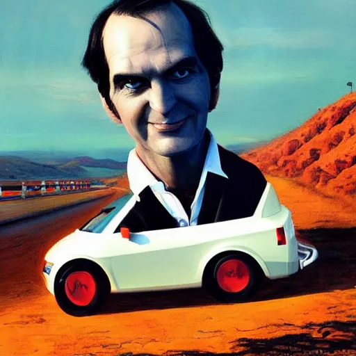 Image similar to Giant head of david copperfield on a humanoid car, running fast on a californian highway, rays of light, particles light, kuvshinov ilya