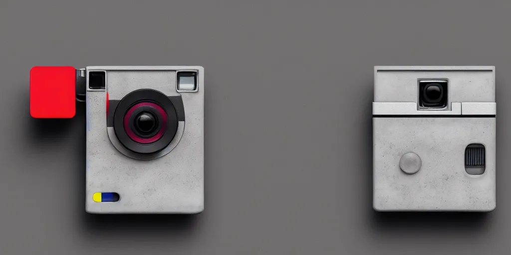 Image similar to a polaroid camera inspired by captain america, isometric design, made of concrete, 3 d product render