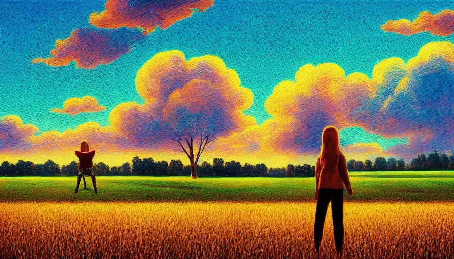 Image similar to daisy face, full body, girl watching sunset, empty wheat field, surreal photography, colorful clouds, tree, impressionist painting, colorful clouds, digital painting, pointillism, artstation, simon stalenhag