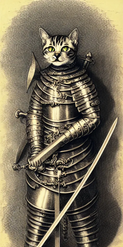 Prompt: engraving portrait of humanoid cat with sword in medieval armoury by gustave dore. trending on deviant art, street art, chillwave, maximalist, full of color, glittering, 8 k, hd