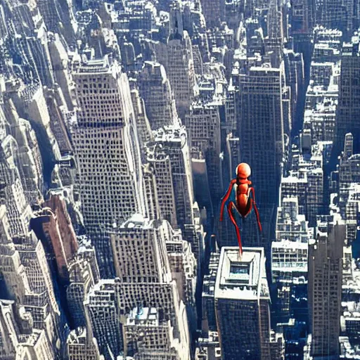 Image similar to giant cyborg ant walking over New York city, scary, movie still, 4k