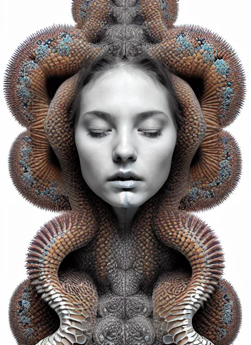 Prompt: ridiculously beautiful young womans face, radiating fractals of snake skin, blooming, portals into dimensions, coral, birds, symmetrical, in the style of ernst haeckel, effervescent, sacred geometry, surrealism, photo realistic, epic and cinematic, 3 d, clear, sharp,