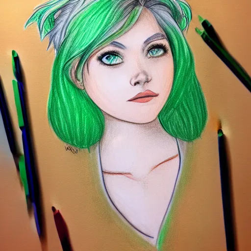 Image similar to drawing of my dream girl, green hair, short, cute