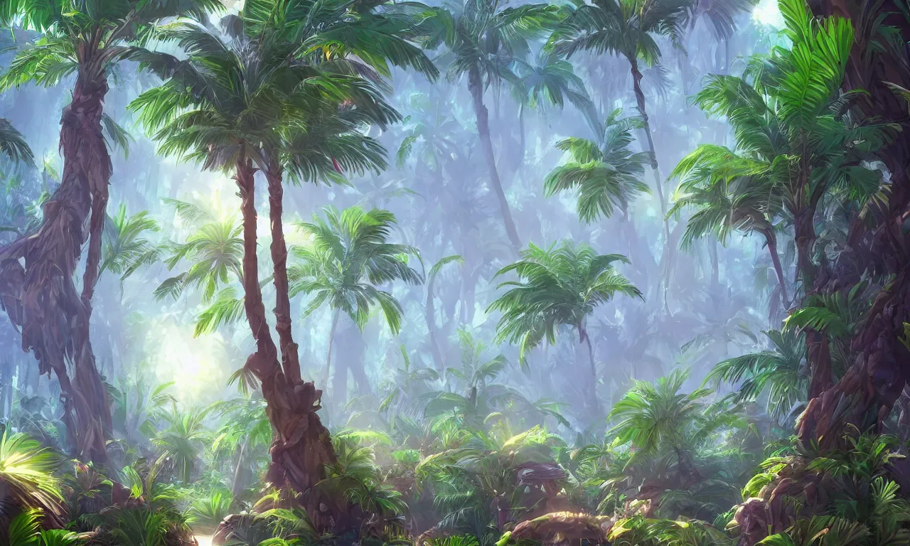 Prompt: Beautiful magical palm fabulous trees. palm Forest landscape, sun rays illuminate the leaves and branches of trees. Magical summer palm forest, trending on artstation, 50mm, by Noah Bradley