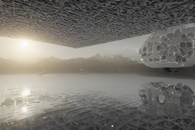 Image similar to a building interior formed by the intersection and fusion of many multi white spherical egg shaped spaces, on the calm lake surface, people's perspective award winning, highly detailed 4 k art, dusk, unreal engine highly rendered, global illumination, radial light, internal environment by kazuyo sejima