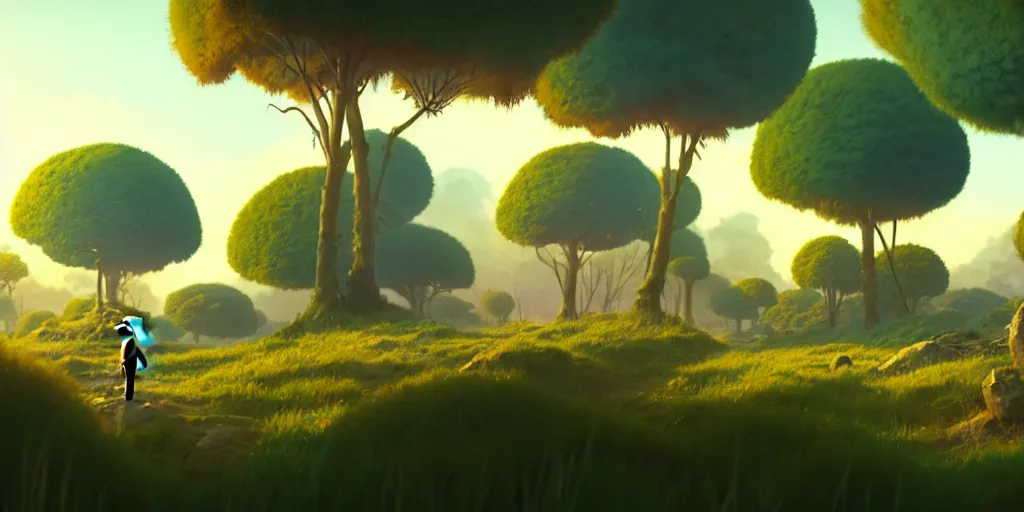 Prompt: a wholesome animation key shot of a post apocalyptic 8 0's vegetation landscape, warm evening light by studio ghibli, everything on focus, animation, sharp, rendered in unreal engine 5, focused, anime key art by greg rutkowski, bloom, dramatic lighting