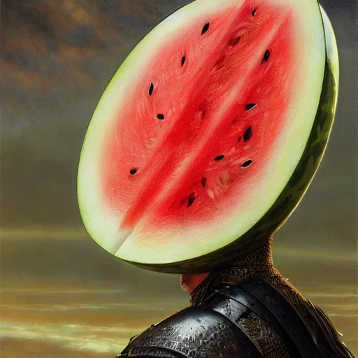 Image similar to a watermelon as aragorn by alan lee, leather armor, golden hour, concept art, detailed clothing, art station, oil painting, art by artgerm and greg rutkowski and alphonse mucha