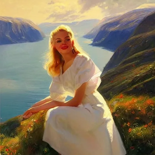 Image similar to 1950s beautiful!!! blonde looking over a Norwegian fjord, painting by !Vladimir Volegov!