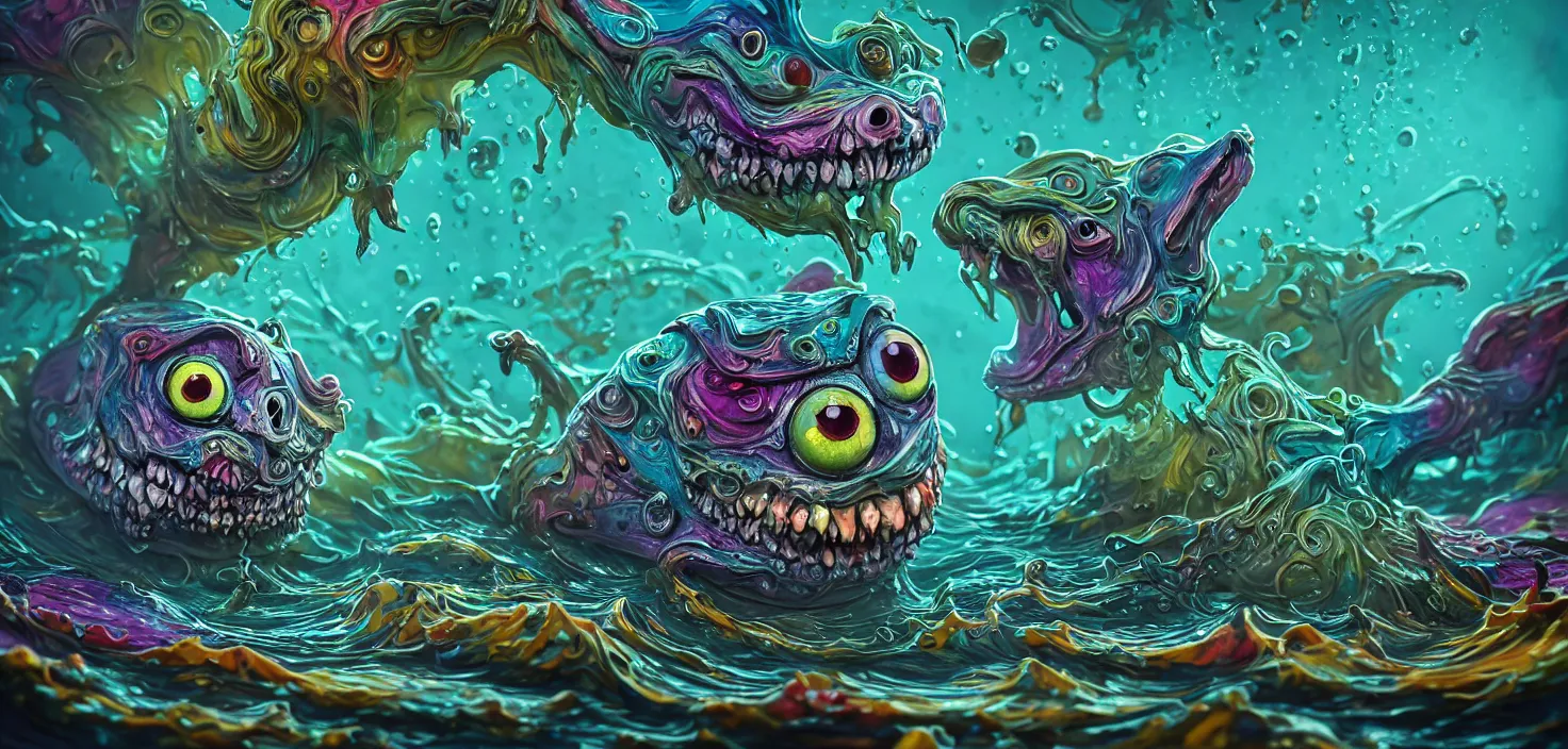 Prompt: intricate colourful murky with strange cute friendly angry crazy creatures with huge beauty eyes long tongue triangle teeth and scary face appearing from the water, in the style of craola, macro lens, shallow depth of field, highly detailed, digital painting, trending artstation, concept art, illustration, cinematic lighting, vibrant colors, photorealism, epic, octane render