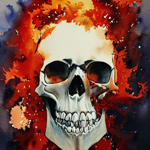 Image similar to watercolor art on paper, skull with explosions all around, highly detailed, artstation, masterpiece, award - winning