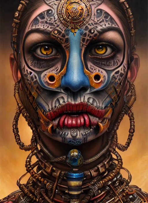 Image similar to hyper detailed masterpiece undead aztec face tattoo warrior by donato giancola and tom bagshaw, face by artgerm and edmund leighton, and h. r. giger, trending on artstation, colorful, psychedelic aesthetic, ornate, background by james jean, 8 k, biomechanical, majestic, volumetric lighting, porcelain skin, concept art, sharp focus