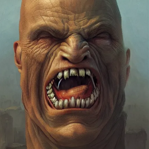 Image similar to A beautiful conceptual art of a giant head. The head is bald and has a big nose. The eyes are wide open and have a crazy look. The mouth is open and has sharp teeth. The neck is long and thin. by Greg Rutkowski, by Francesco Borromini playful