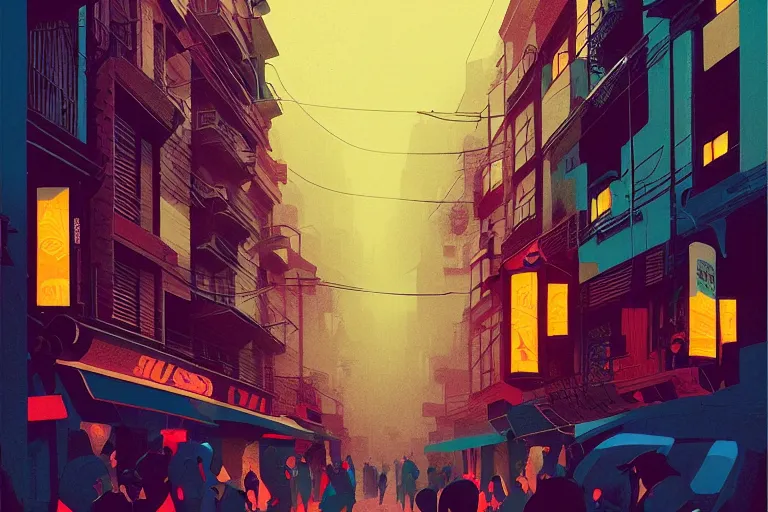 Prompt: busy small town street, lush, many people, modern art deco, colorful, mads berg, christopher balaskas, victo ngai fine texture, detailed, muted colors, dynamic composition, matte print, wide angle, moody, stippled light, very grainy texture, stippled shadows