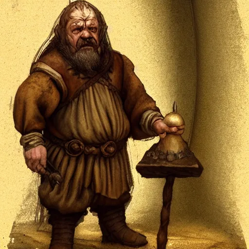 Image similar to a medieval fantasy dwarf standing inside of a mine tunnel, matte oil painting, by leonardo da vinci, character reveal, concept art, d & d, fantasy, dust, sharp focus, award - winning, extremely detailed, 4 k, 8 k