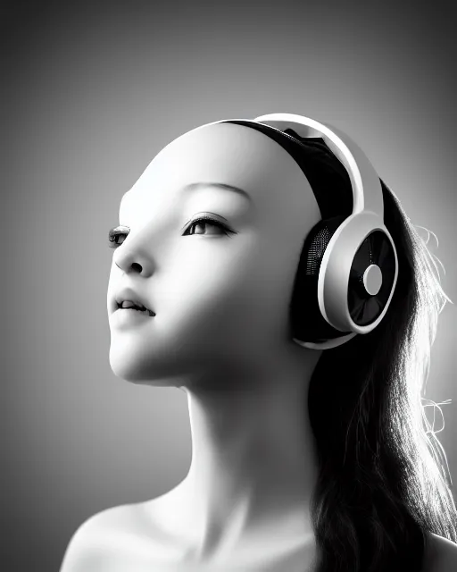 Image similar to black and white dreamy young beautiful female artificial intelligence with a techno headset crown from the future, cinematic, rim light, bokeh, photo - realistic, elegant, high detail, 8 k, masterpiece, photo taken in 1 9 3 0