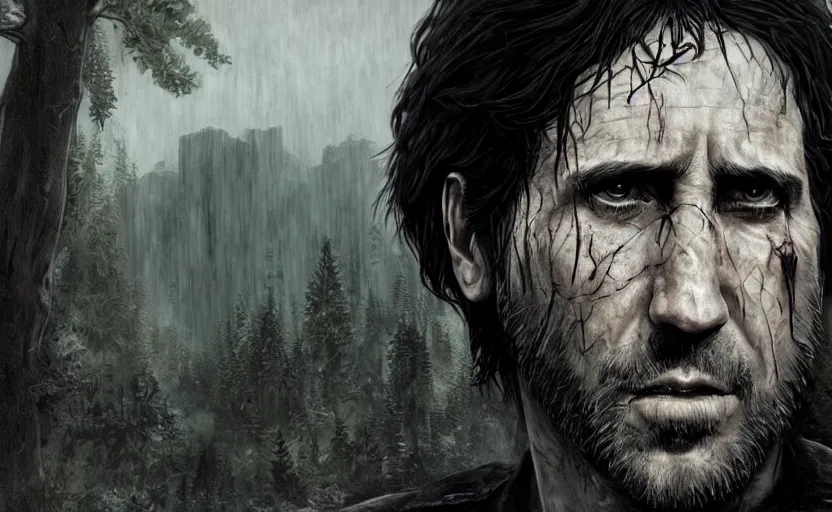 Image similar to an epic fantasy comic book style portrait painting of a very imposing trent reznor as joel in the last of us, character design by mark ryden and pixar and hayao miyazaki, unreal 5, daz, hyperrealistic, octane render, cosplay, rpg portrait, dynamic lighting, intricate detail, cinematic