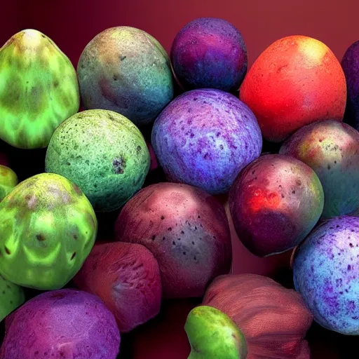 Image similar to a bowl of alien fruit, from another planet, exotic, hyper - realistic, high detail