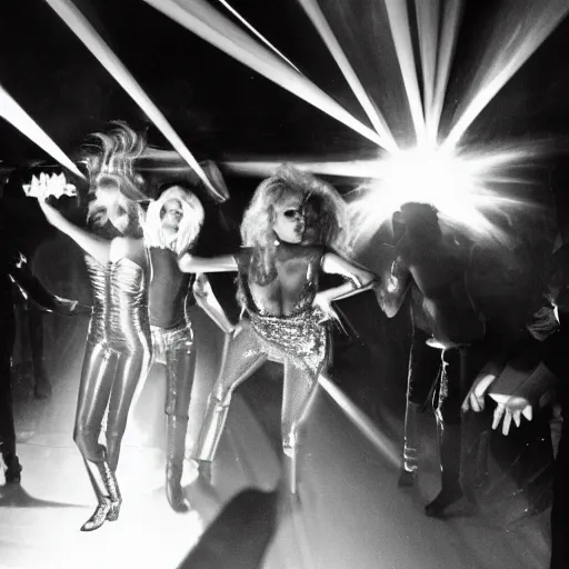 Image similar to Lady Gaga in the 70s disco dancing atmospheric lighting