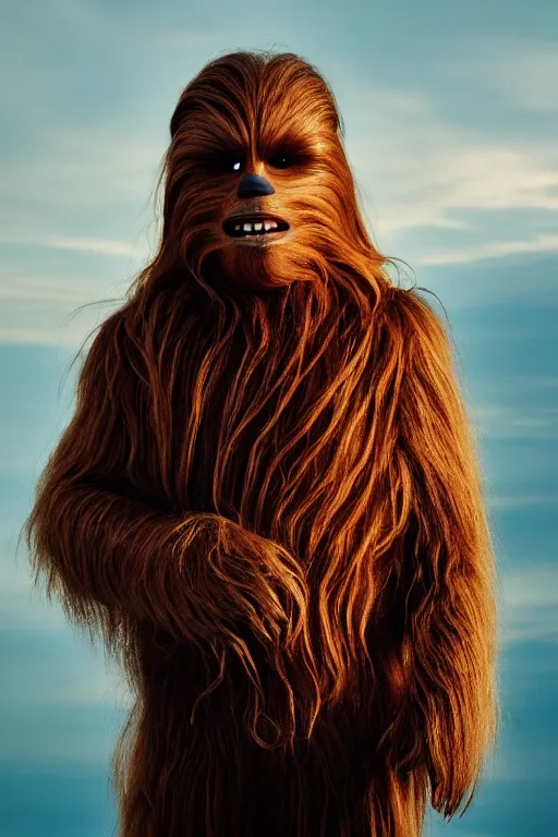 Image similar to photographic portrait of chewbacca with a comb-over blowing in the wind, trying to disguise his balding head, cinematic photography, 35mm, evening light