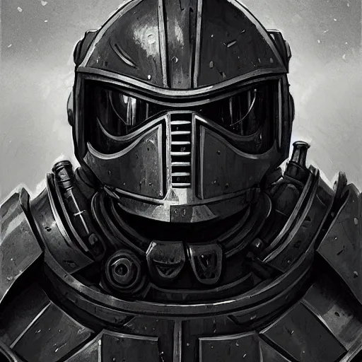 Image similar to knight pepe, scifi, power armor, mechasuit, medieval pepe, futuristic sword, heavy gun, armored, helmet, military, heavy, modern, gaz mask, black and white, concept art, bust portrait, Nekro, Tom Bagshaw, Craig Mullins, ventail, exsokeleton