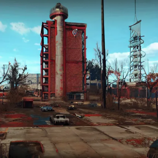 Image similar to nuka cola bottling plant, atlanta in ruins post - nuclear war in fallout 4, in game screenshot