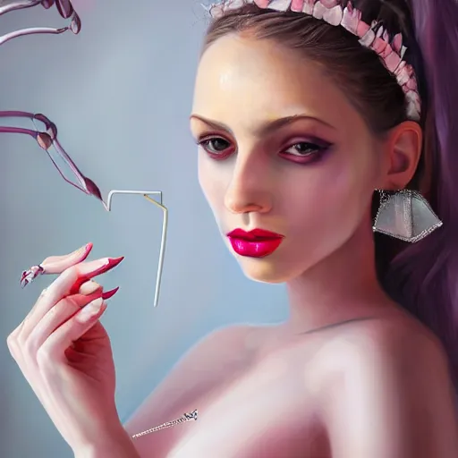 Image similar to a portrait of an intensely lit orchid mantis woman full of piercings, modeling, white and pink, oil painting, pale colors, high detail, 8 k, wide angle, trending on artstation,