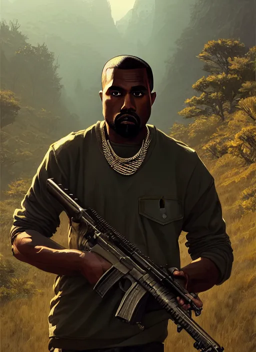 Image similar to highly detailed portrait kanye west holding rifle in gta v stephen bliss unreal engine fantasy art by greg rutkowski loish rhads ferdinand knab makoto shinkai lois van baarle ilya kuvshinov rossdraws tom bagshaw global illumination radiant light detailed intricate environment