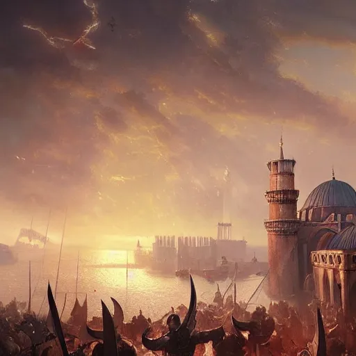 Prompt: Viking attack on Constantinople, by Greg Rutkowski and Thomas Kinkade, trending on artstation 4k.