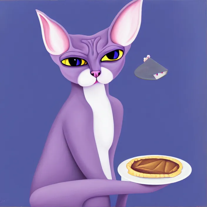 Image similar to an anthropomorphic sphynx cat fursona with big eyes eating a slice of blueberry pie, furry art, cute, oil on canvas, soft lighting