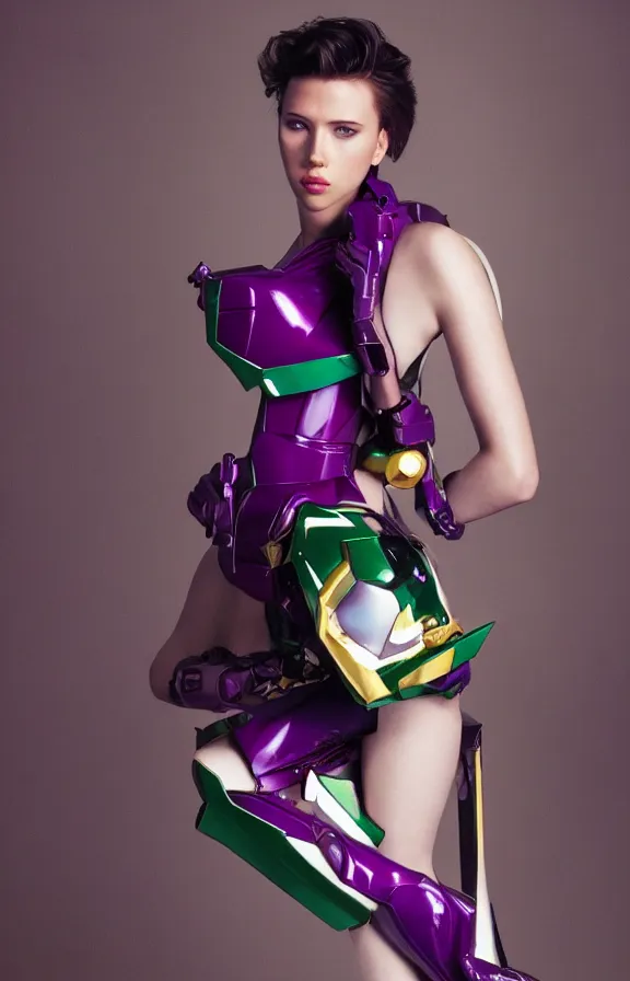 Prompt: young sexy scarlett johansson as purple green gold evangelion mech, gundam, high - end fashion photoshoot
