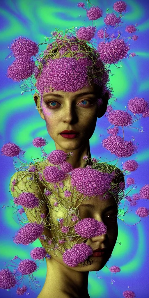 Image similar to hyper detailed 3d render like a Oil painting - portrait sculpt of Aurora (Singer) seen in mascara Lips on the Strangling network of yellowcake aerochrome and milky Fruit that covers her body wearing a 1950s dress and Her delicate Hands hold of gossamer polyp blossoms bring iridescent fungal flowers whose spores black the foolish stars by Jacek Yerka, Mariusz Lewandowski, Houdini algorithmic generative render, Abstract brush strokes, Masterpiece, Edward Hopper and James Gilleard, Zdzislaw Beksinski, Mark Ryden, Wolfgang Lettl, hints of Yayoi Kasuma, octane render, 8k