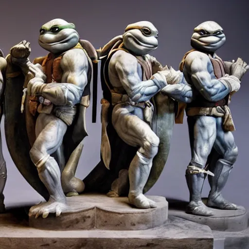 Image similar to teenage mutant ninja turtles as a sculpture from the renaissance, white marble, glossy, high details, cinematic