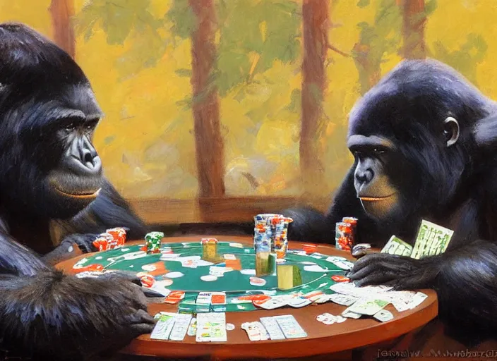 Image similar to gorrila and bear, playing poker highly detailed beautiful, by gregory manchess, james gurney, james jean