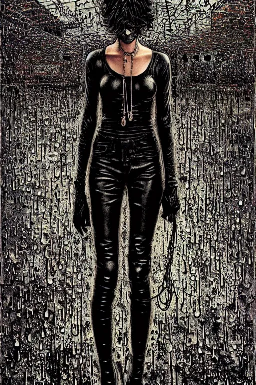 Image similar to dreamy gothic girl, black leather slim clothes, chains, strong rain night, beautiful body, detailed acrylic, grunge, intricate complexity, by dan mumford and by alberto giacometti, peter lindbergh