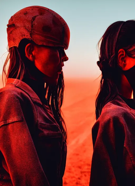 Prompt: cinestill 5 0 d photographic portrait of two loving female androids wearing rugged black techwear on a desolate plain with a red sky in front of a brutalist dark metal facility, extreme closeup, cyberpunk style, dust storm, 8 k, hd, high resolution, 3 5 mm, f / 3 2, ultra realistic faces, ex machina