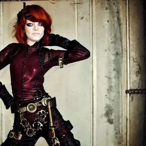 Prompt: full body photo of emma stone as a steampunk rogue with daggers