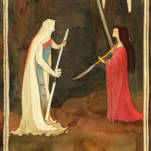 Prompt: “watercolor painting of the lady of the lake giving the sword to King Arthur, 8k”