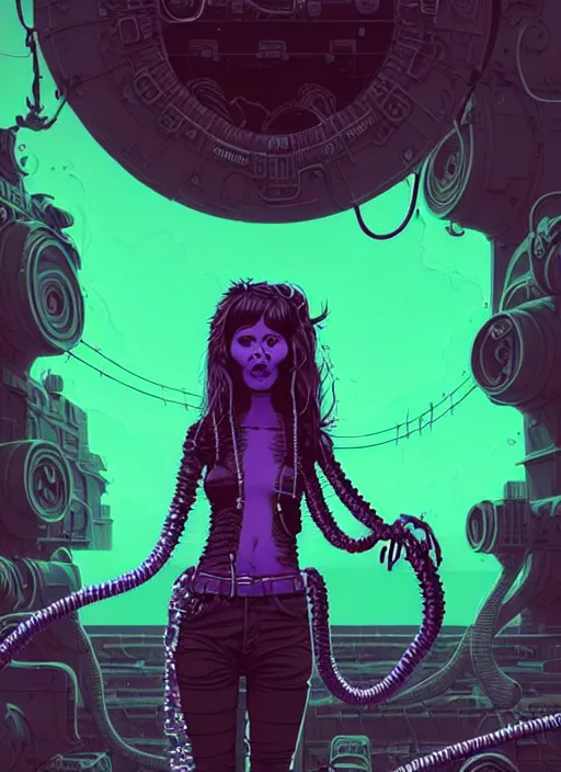 Image similar to highly detailed portrait of a lonely wasteland punk long dripping curly brown nuclear hair tribal lady, stray green slime hoses by atey ghailan, james gilleard, by joe fenton, by greg rutkowski, by greg tocchini, by kaethe butcher, 4 k resolution, gradient purple, brown black and white color scheme!!! ( ( green flaming robotic sewer background ) )