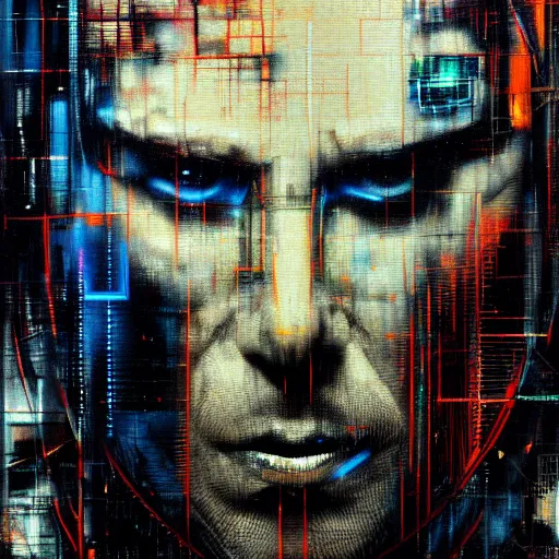 Prompt: hyperrealistic portrait of a cyberpunk man in cyberspace, by Guy Denning, Johannes Itten, Russ Mills, hacking effects, detailed eyes, furious, detailed lines, color blocking!, acrylic on canvas, insane detail, intricate, front view, symmetrical, octane, concept art, abstract, artistic, 8k, cinematic, trending on artstation