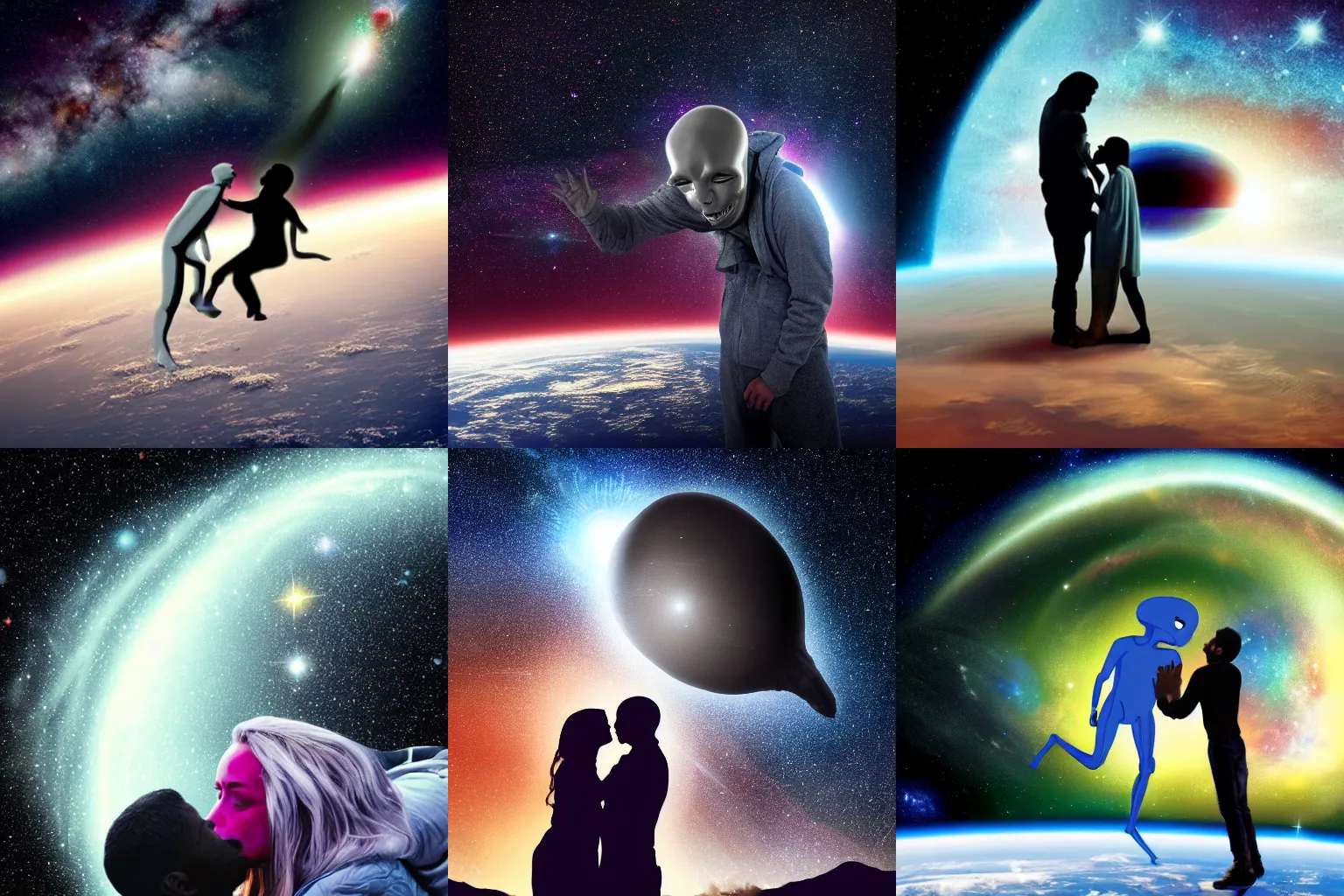 Prompt: a human kissing a grey alien in space with the galaxy in the background, photo-realistic, colorful,